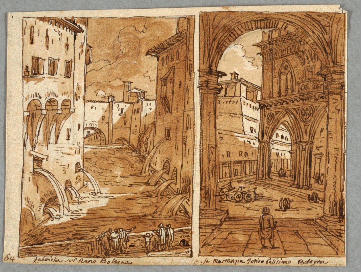 Schetsboekpagina, folio 64: Studie naar Bolognese architectuur en beeldhouwkunst; verso: geometrische ontwerpen door Felice Giani