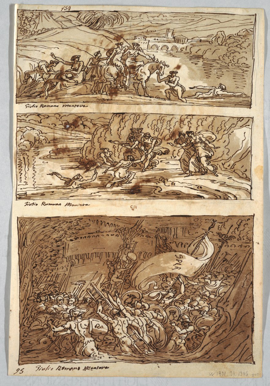 Schetsboekpagina, Folio 95: Drie schilderijen na Giulio Romano; Verso: Leeuw en Adelaar door Felice Giani