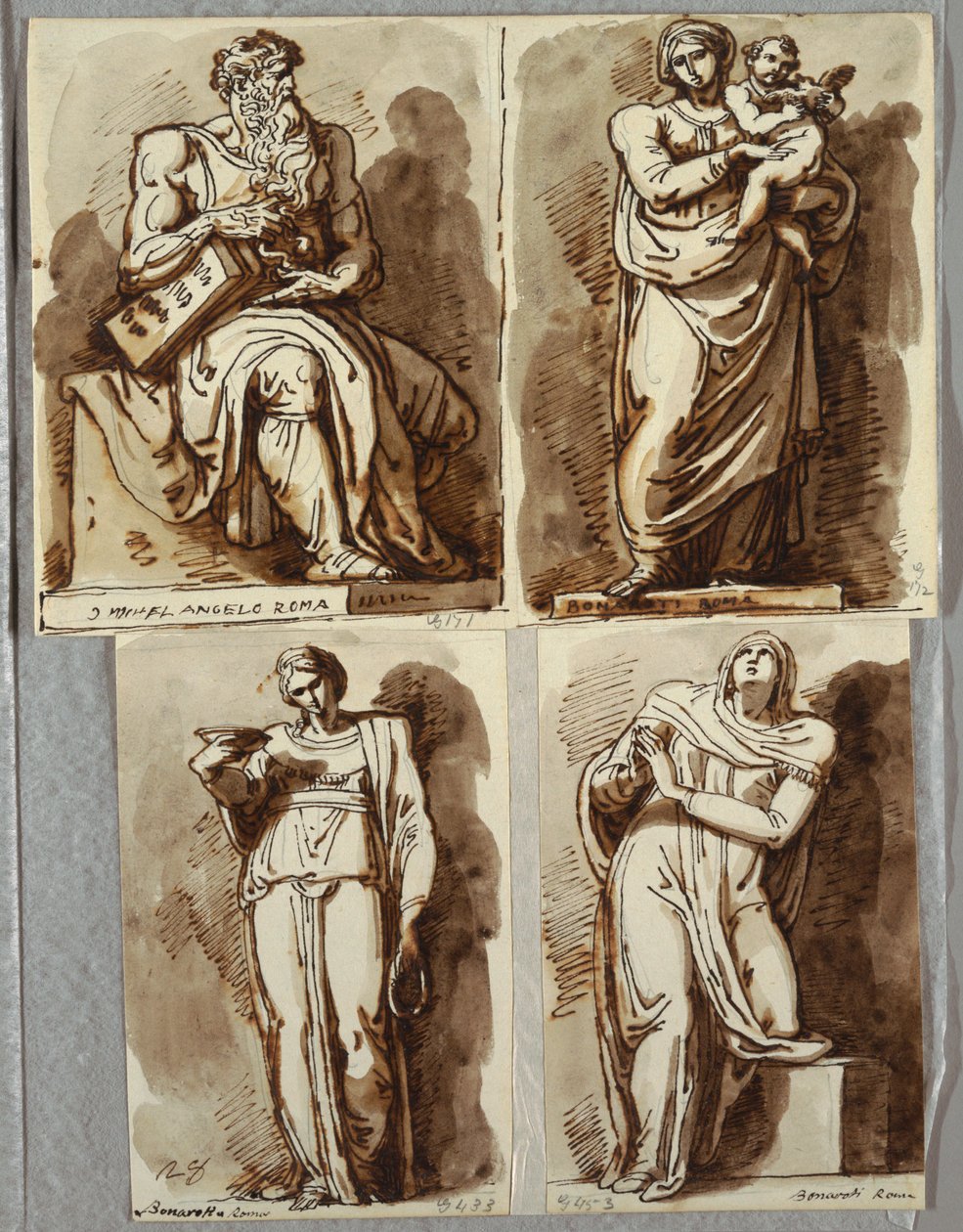 Studies naar Vier Beelden op het Graf van Julius II, naar Michelangelo: Mozes; Madonna en Kind; Leah, Deugd; Rachel, Religie door Felice Giani