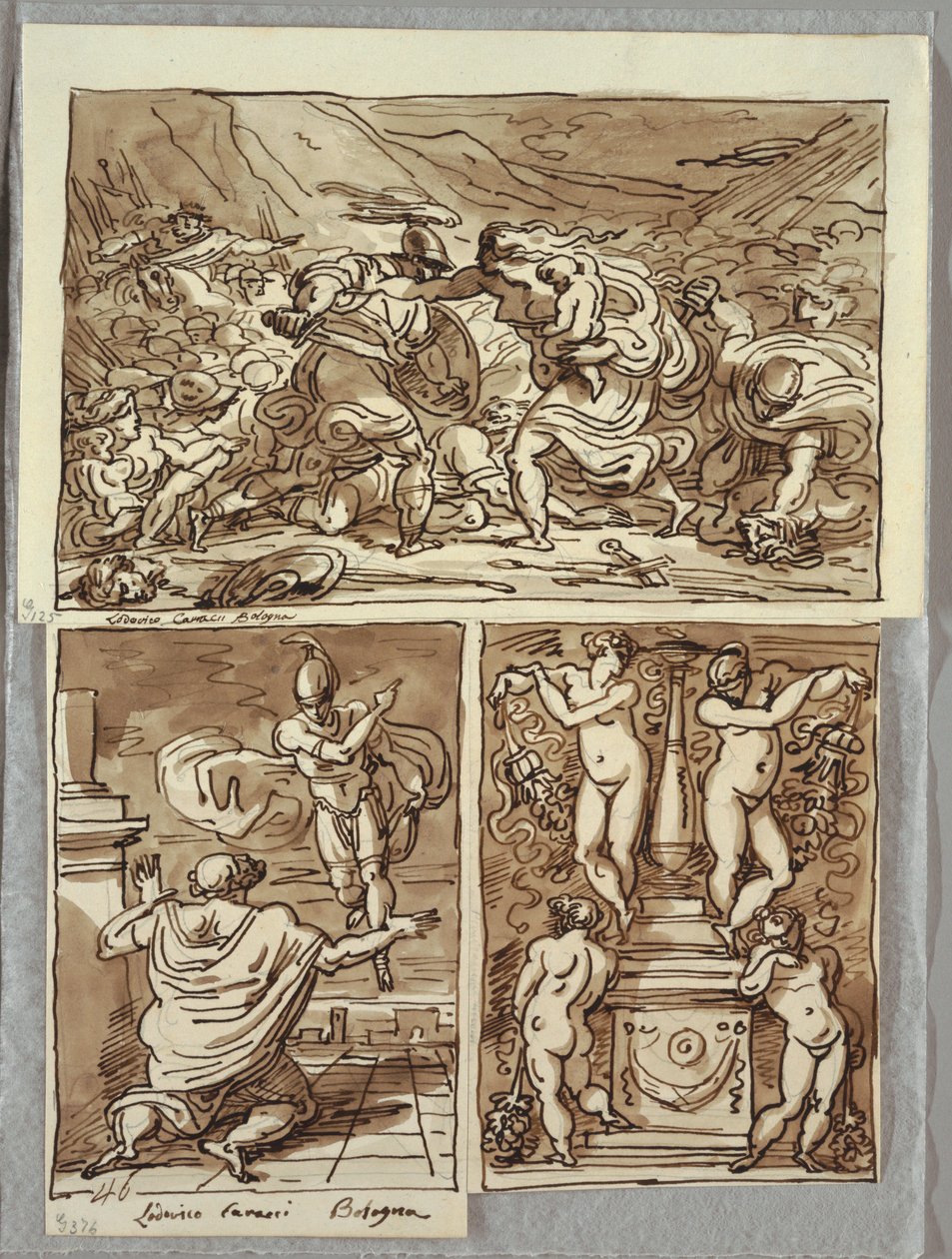 De strijd tussen de Romeinen en de Sabijnen; Verschijning van Romulus aan Proculus, twee studies naar de Carracci; Kandelaar door Felice Giani