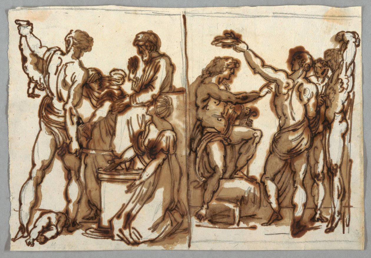Het Oordeel van Salomo; Het Villen van Marsyas door Felice Giani