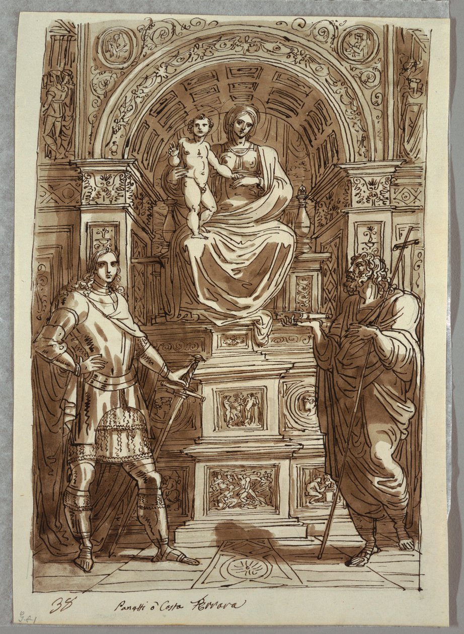 De Madonna en Kind op de Troon met Heiligen; Studie naar Panetti of Costa door Felice Giani