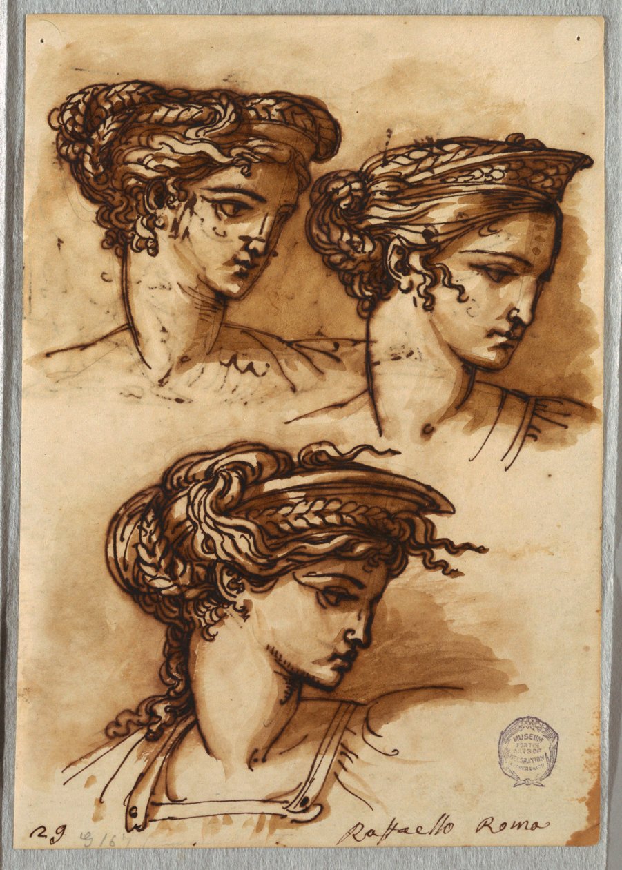 Drie studies van een hoofd met diadeem en gevlochten haar, naar Raphael door Felice Giani