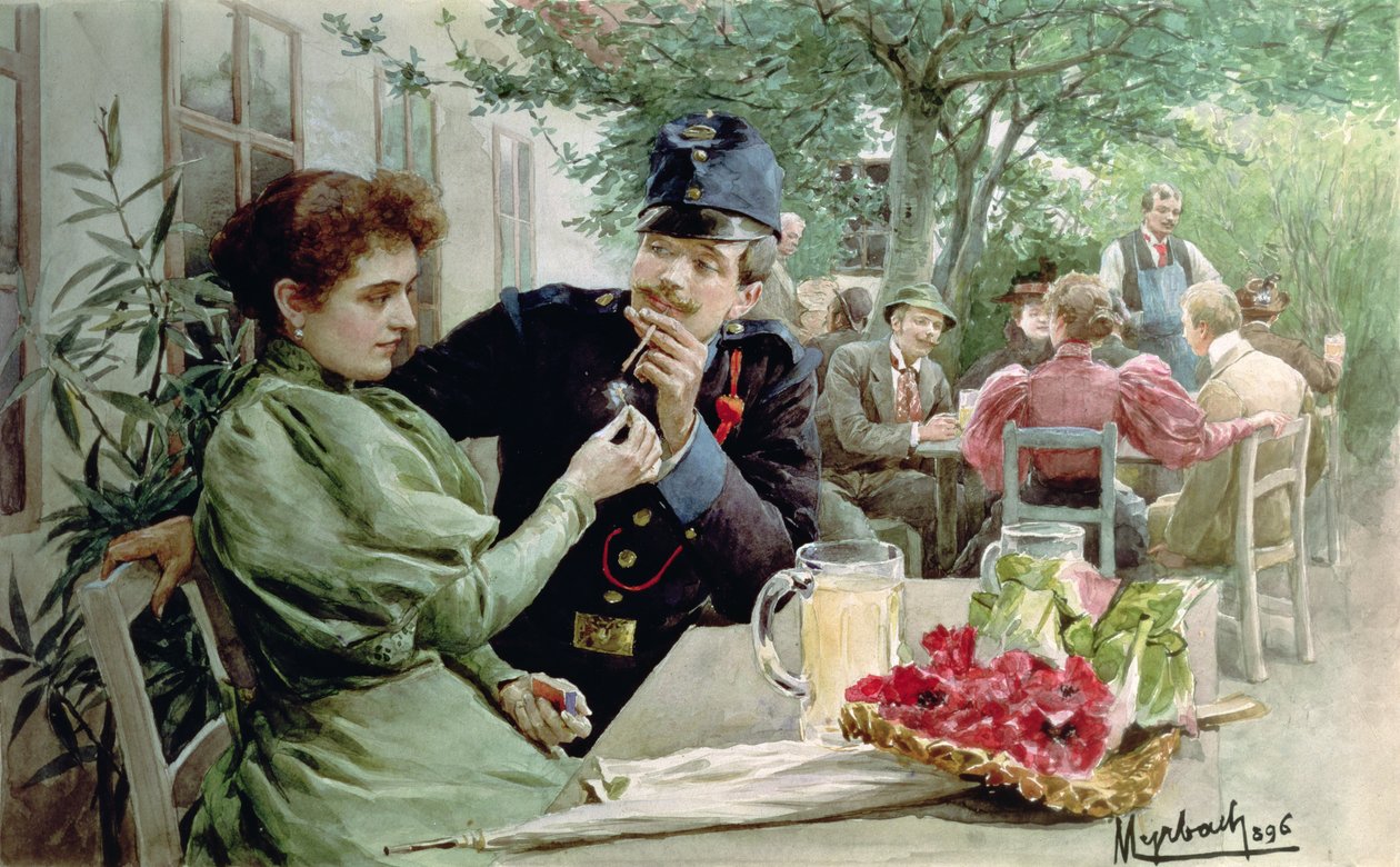 Soldaat en een jong meisje drinken nieuwe wijn, 1896 door Felicien baron de Myrbach Rheinfeld