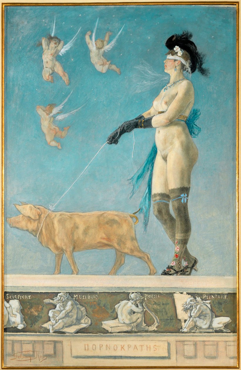 Pornokrates, een afbeelding van de vrouw als eeuwige verleidster en dochter van Eva (pastel en gouache op papier) door Felicien Rops