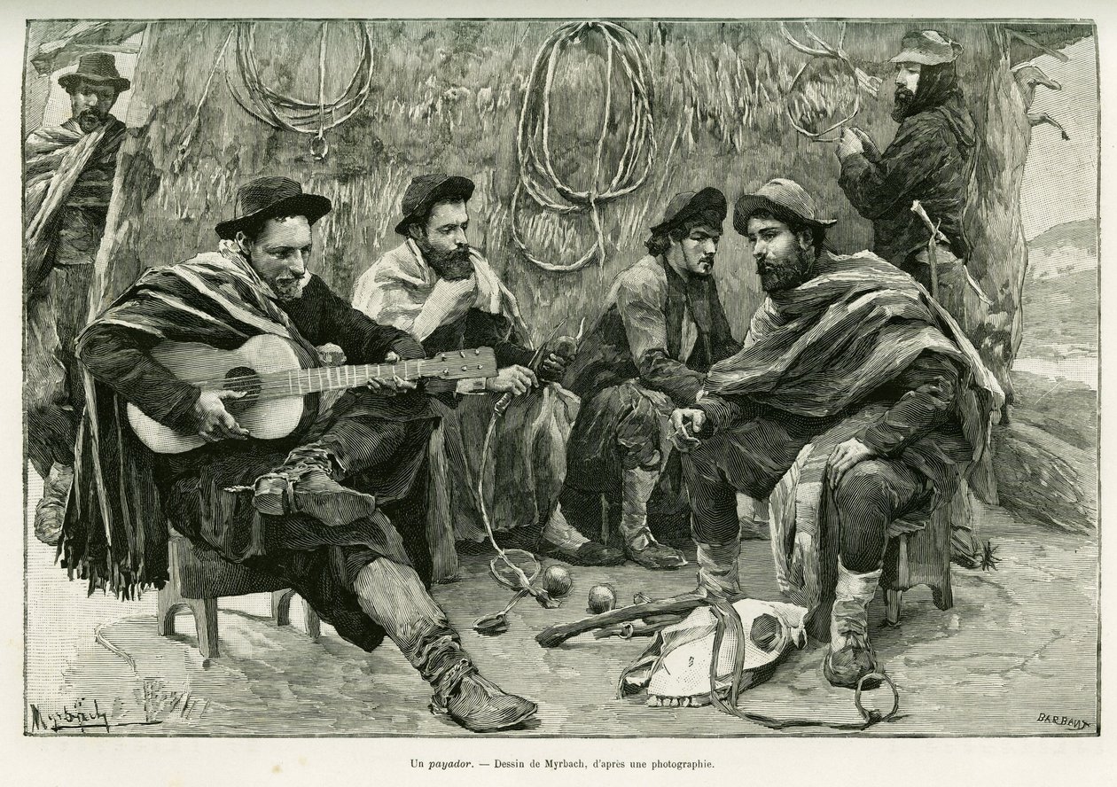 Een payador, duel in verzen van wandelende zangers. Gravure door Myrbach, ter illustratie van het verhaal 