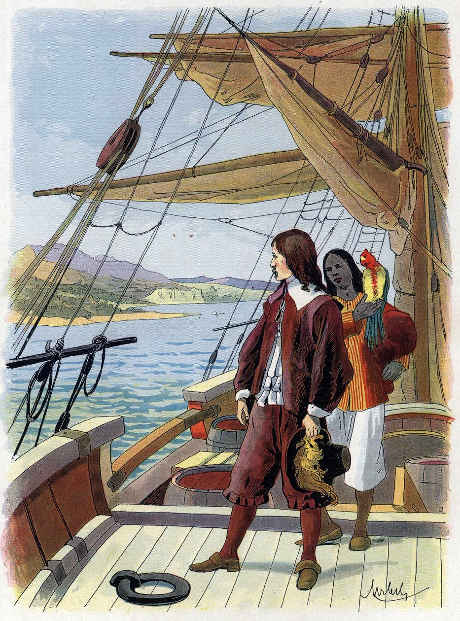 Robinson Crusoe verlaat zijn eiland - Illustratie door Felician MYRBACH MYRBACH RHEINFELD (1853-1940) Voor het boek van Daniel Defoe Robinson Crusoe. Geen datum. Rond 1934 door Felicien baron de Myrbach Rheinfeld