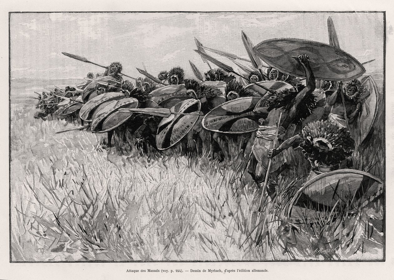 De aanval van de Massais. Gravure door Myrbach ter illustratie van het verhaal 