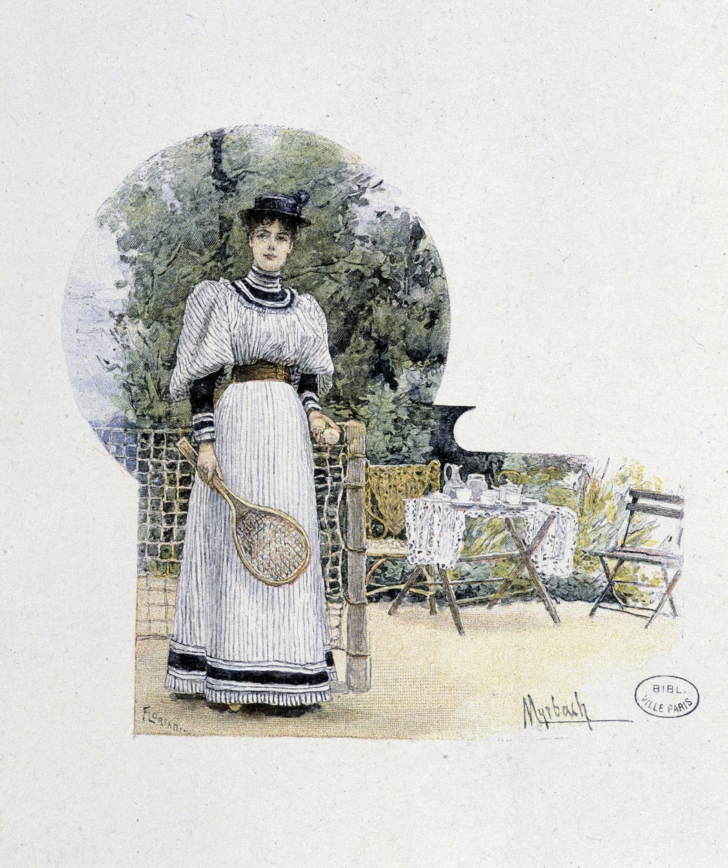 Jonge vrouw op een tennisbaan - gravure, eind 19e eeuw door Felicien baron de Myrbach Rheinfeld