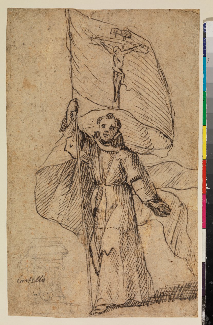 Franciscaner monnik met een banier met het kruisbeeld door Felipe Gomez de Valencia