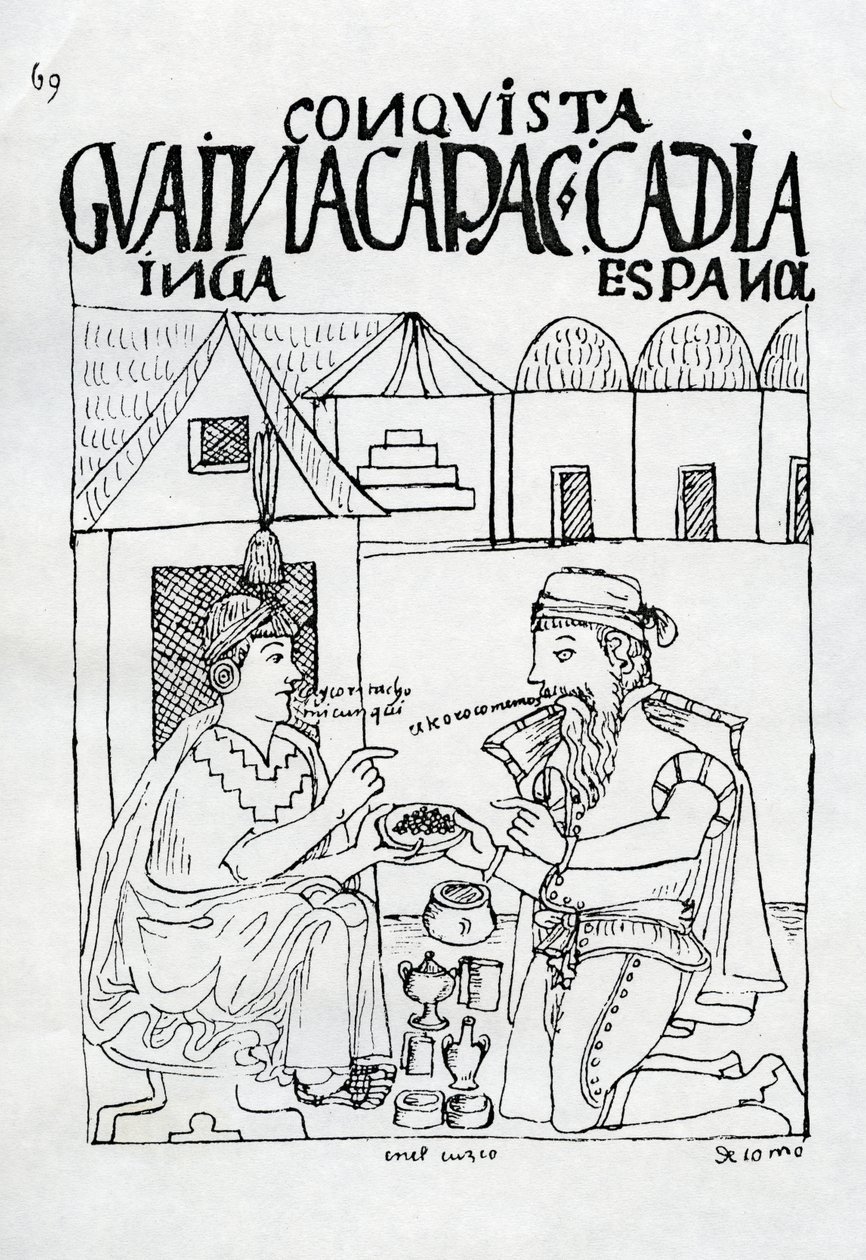 Een Inca vraagt een Spanjaard wat hij eet, hij antwoordt 