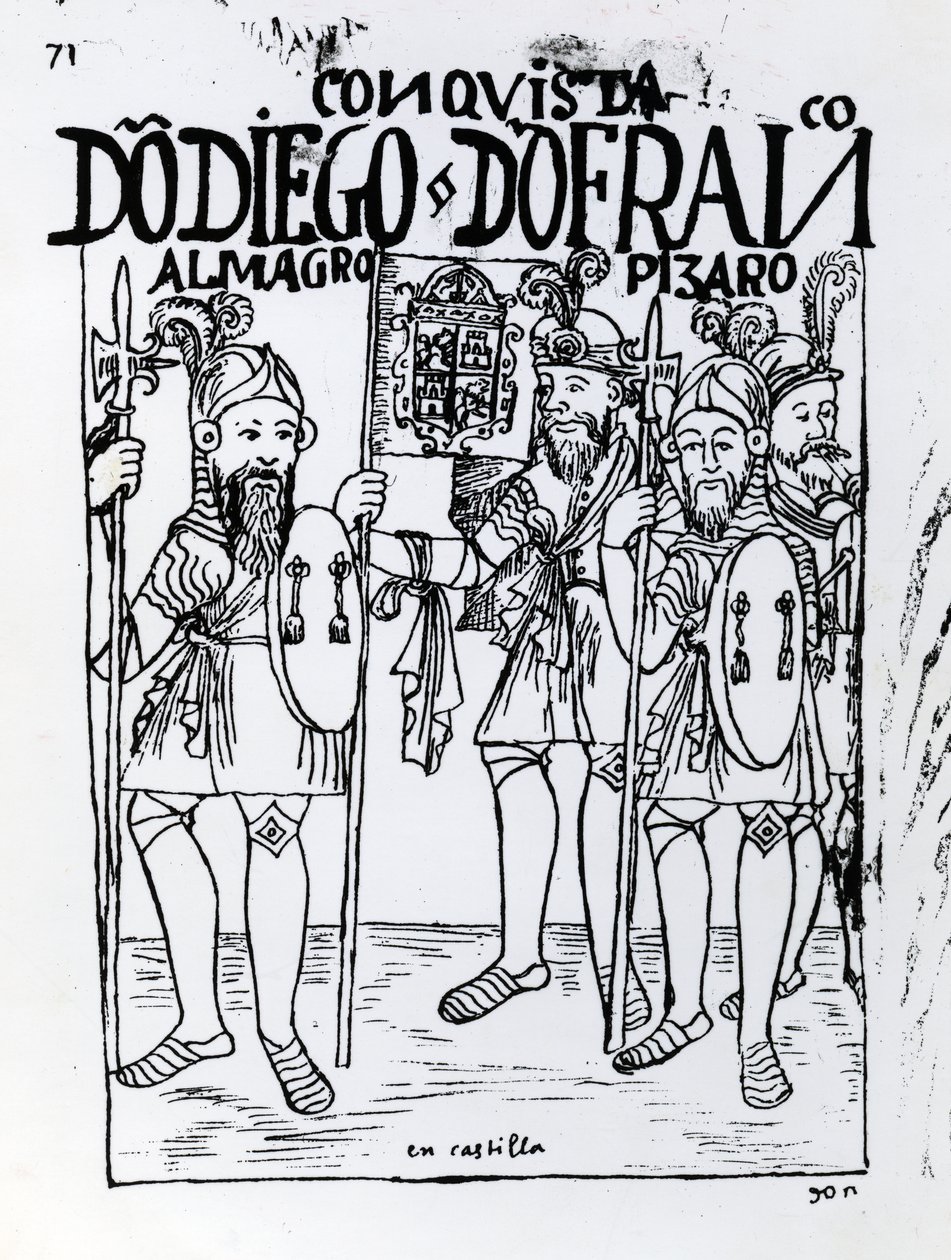 Conquistadores Diego de Amagro en Francisco Pizarro verzoend in Castille door Felipe Huaman Poma de Ayala