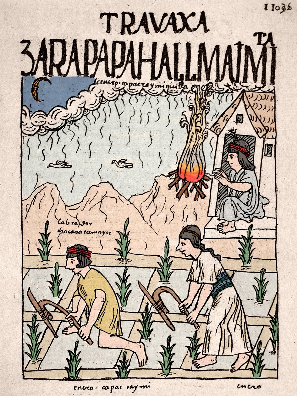Inca-rijk: Een Indiaans koppel uit de Hatun Runa-klasse werkt het land in januari (inkttekening uit het manuscript 