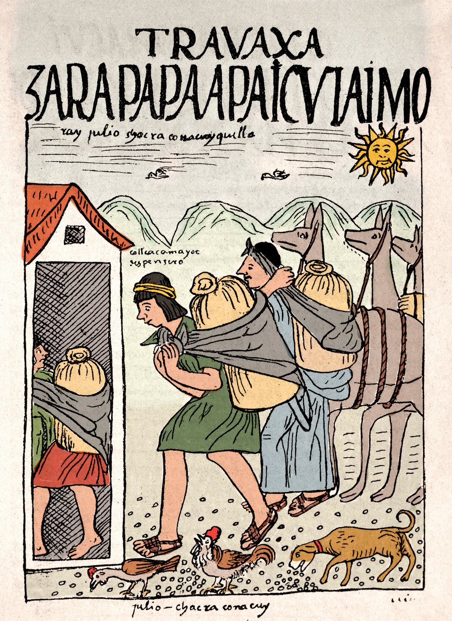 Inca-rijk: Inca-boeren werken in de velden in juli (inkttekening uit het manuscript 