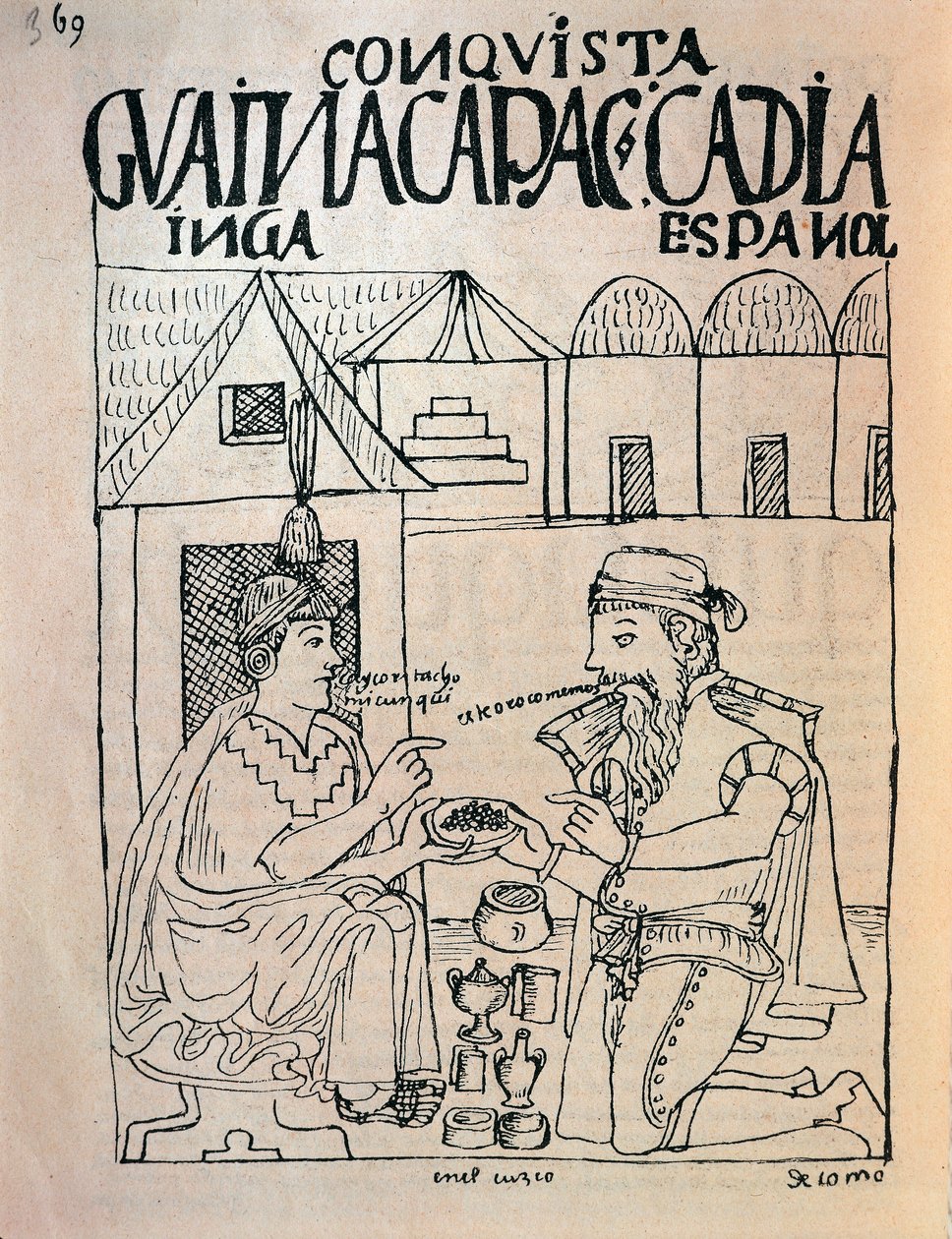 Inca uit Cuzco en Engelse conquistador ontvangen geschenken door Felipe Huaman Poma de Ayala