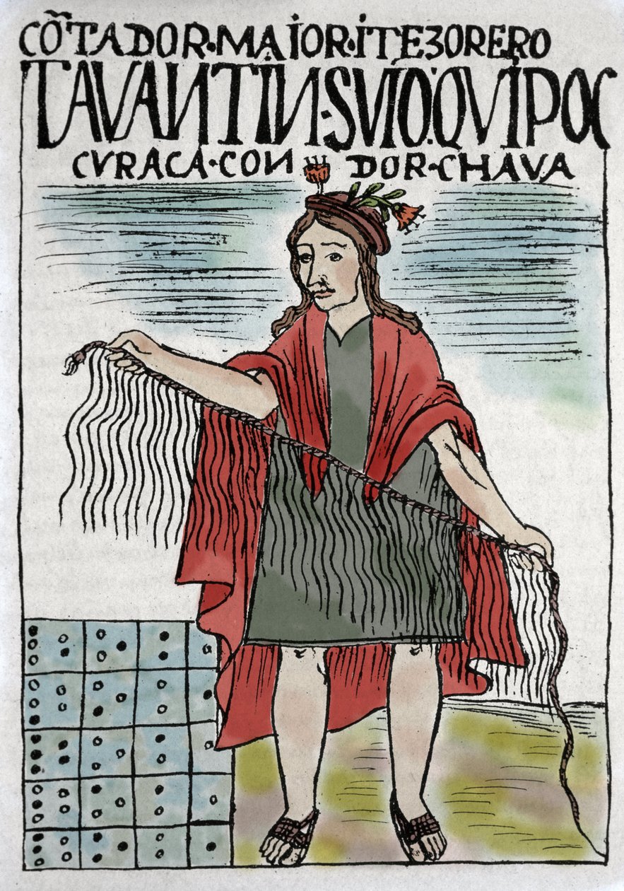 Quipu (Quipo Quipou) Inca boekhoudsysteem in touw en knopen, Inca cultuur 1400-1532 AD, manuscript door Felipe Guaman Puma de Ayala (Nueva Coronica y buen Gobierno), Indiaanse columnist van de 16e eeuw. door Felipe Huaman Poma de Ayala