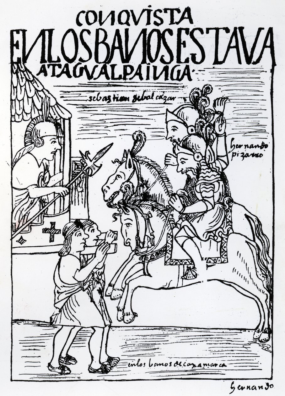 Sebastian de Benalcazar en Hernando Pizarro confronteren Atahualpa Inca bij de Koninklijke Baden in Cajamarca (houtsnede) door Felipe Huaman Poma de Ayala