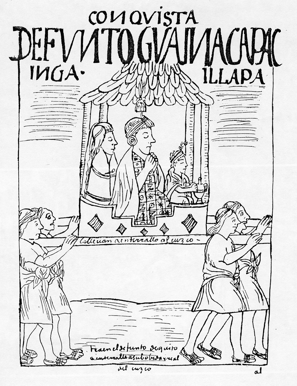 Het lichaam van Huayana Capac wordt van Quito naar Cuzco gedragen voor begrafenis door Felipe Huaman Poma de Ayala