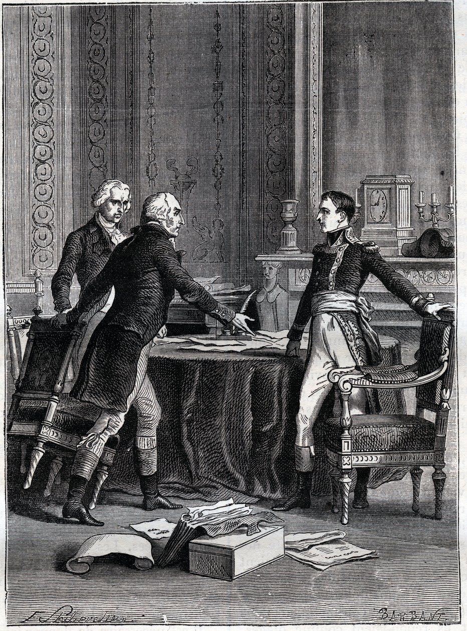 Eerste beraadslaging van de drie consuls in Peer-Luxembourg - Napoleon Bonaparte, Emmanuel Joseph Sieyes en Pierre Roger-Ducos 1799 - Gravure door Barbant, naar Philippoteaux - Eerste Consulaat, 24 Frimaire VIII (15 december 1799), eerste vergadering van h door Felix (after) Philippoteaux