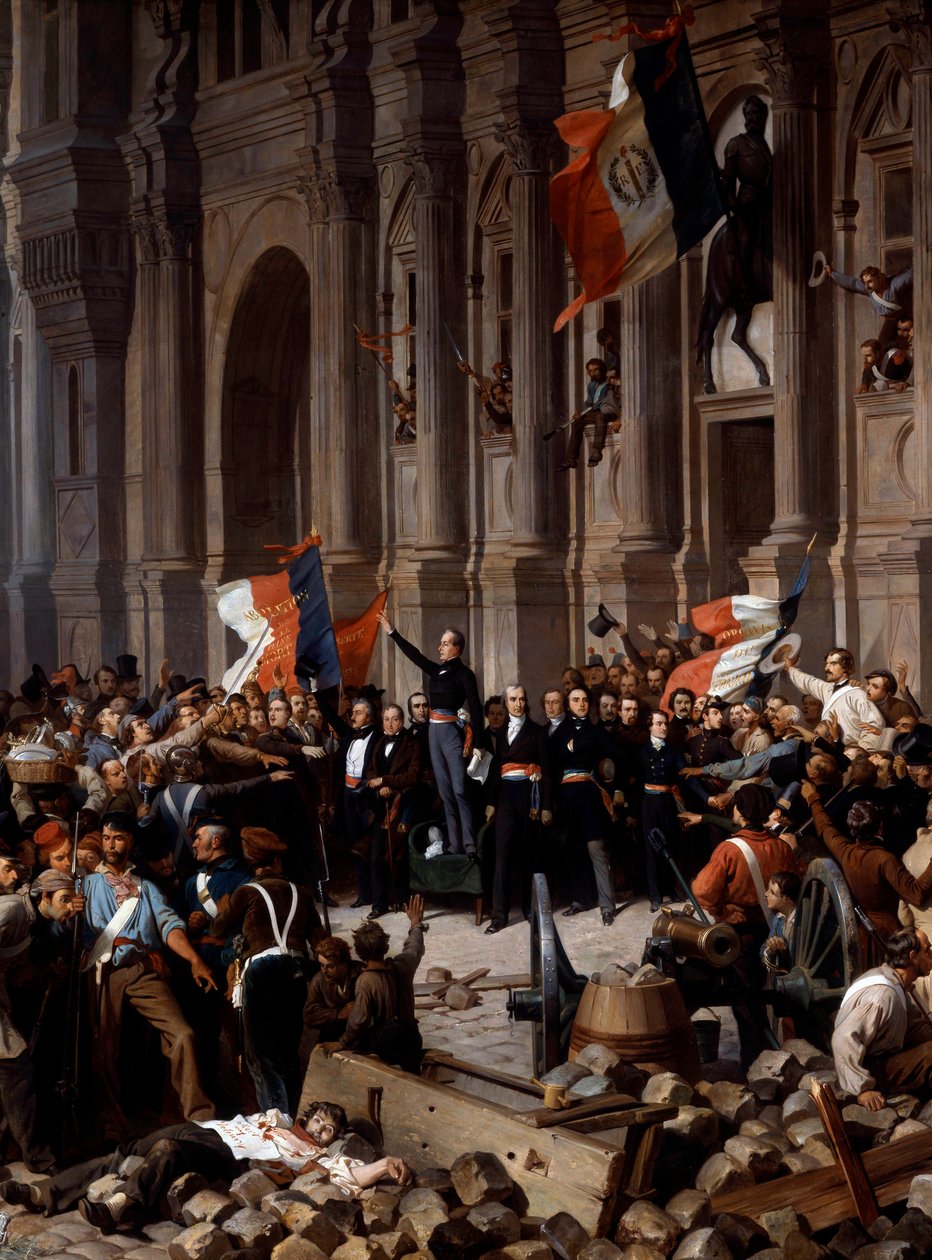 Revolutie van 1848: Alphonse de Lamartine (1790 - 1869), die de rode vlag weigert voor de driekleurige vlag, in het stadhuis. Parijs, 26 februari 1848 (detail) door Felix (after) Philippoteaux