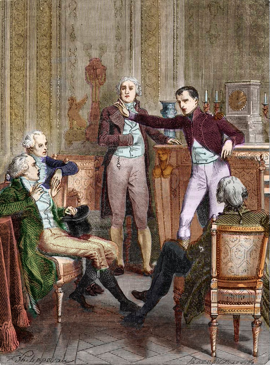 De Eerste Consul Bonaparte in gesprek met de wiskundige Gaspard Monge - Gesprek tussen Bonaparte, Eerste Consul, en Gaspard Monge (1746-1818) gravure door Felix Philippoteaux (1815-1884). door Felix (after) Philippoteaux