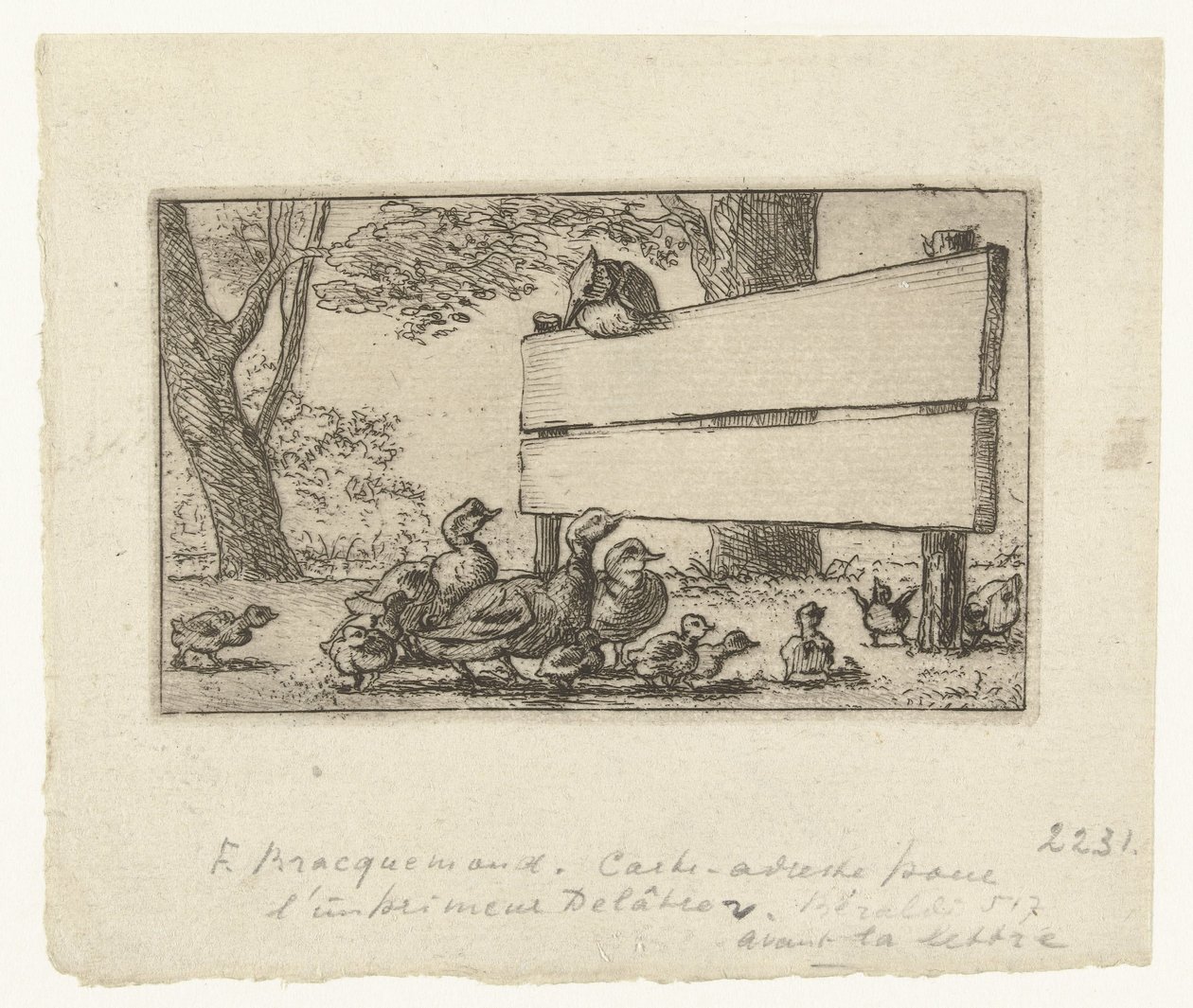 Adreskaart met Eenden bij een Houten Hek voor de Drukker Delâtre door Felix Bracquemond