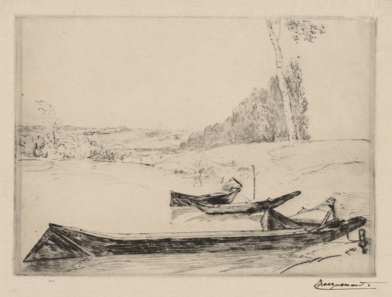 Kleine veerboten aan de oevers van de Seine door Felix Bracquemond