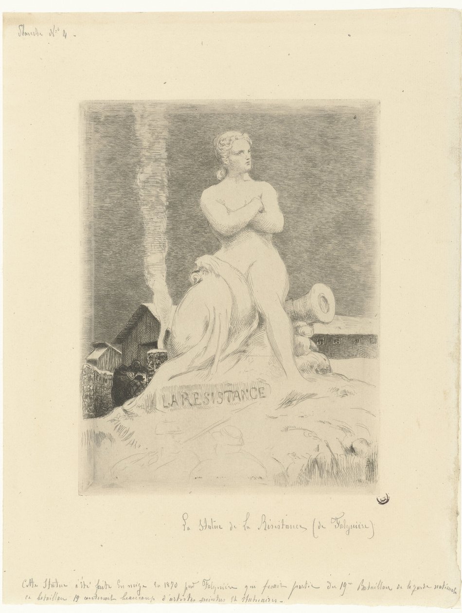 Standbeeld La Résistance van Alexandre Falguière en soldaten tijdens beleg van Parijs door Felix Bracquemond