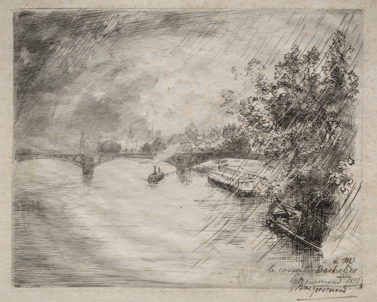 Uitzicht op de brug van Saint-Pères door Felix Bracquemond