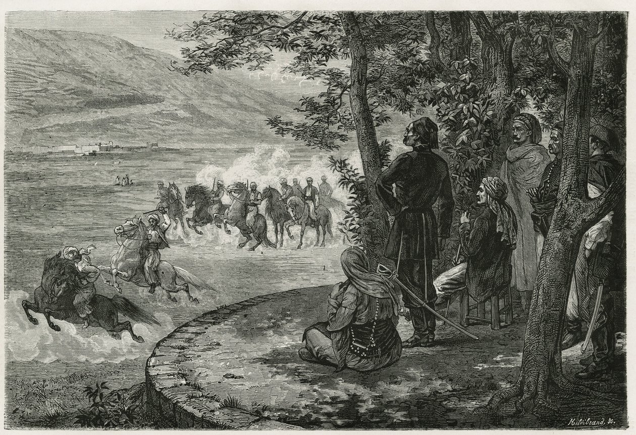 De race van de djerid, de ruiter begon met het vasthouden van een korte stok die zowel de speer als het geweer vertegenwoordigde; hij zwaaide het boven zijn hoofd voordat hij het weggooide, gravure door F.Regamey, ter illustratie van het verhaal Les Ansari door Felix Elie Regamey