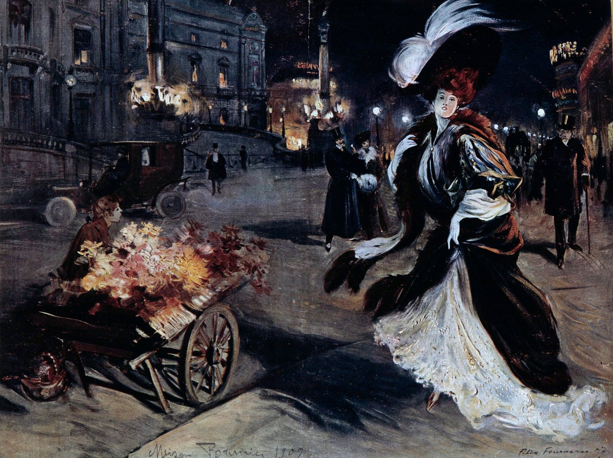 Belle Epoque: Vrouw in reigers in een Parijse straat 