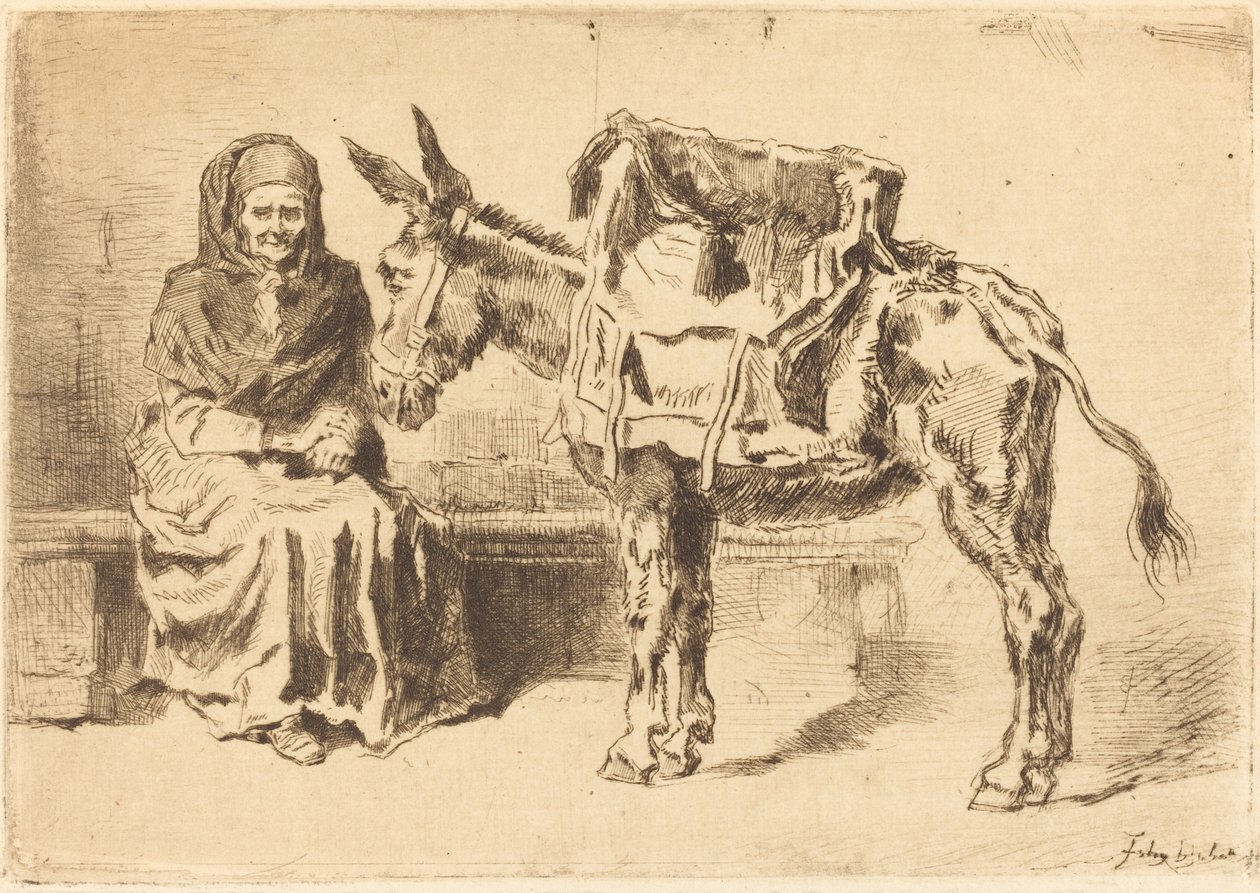 Zittende vrouw en ezel, 1875 door Felix Hilaire Buhot