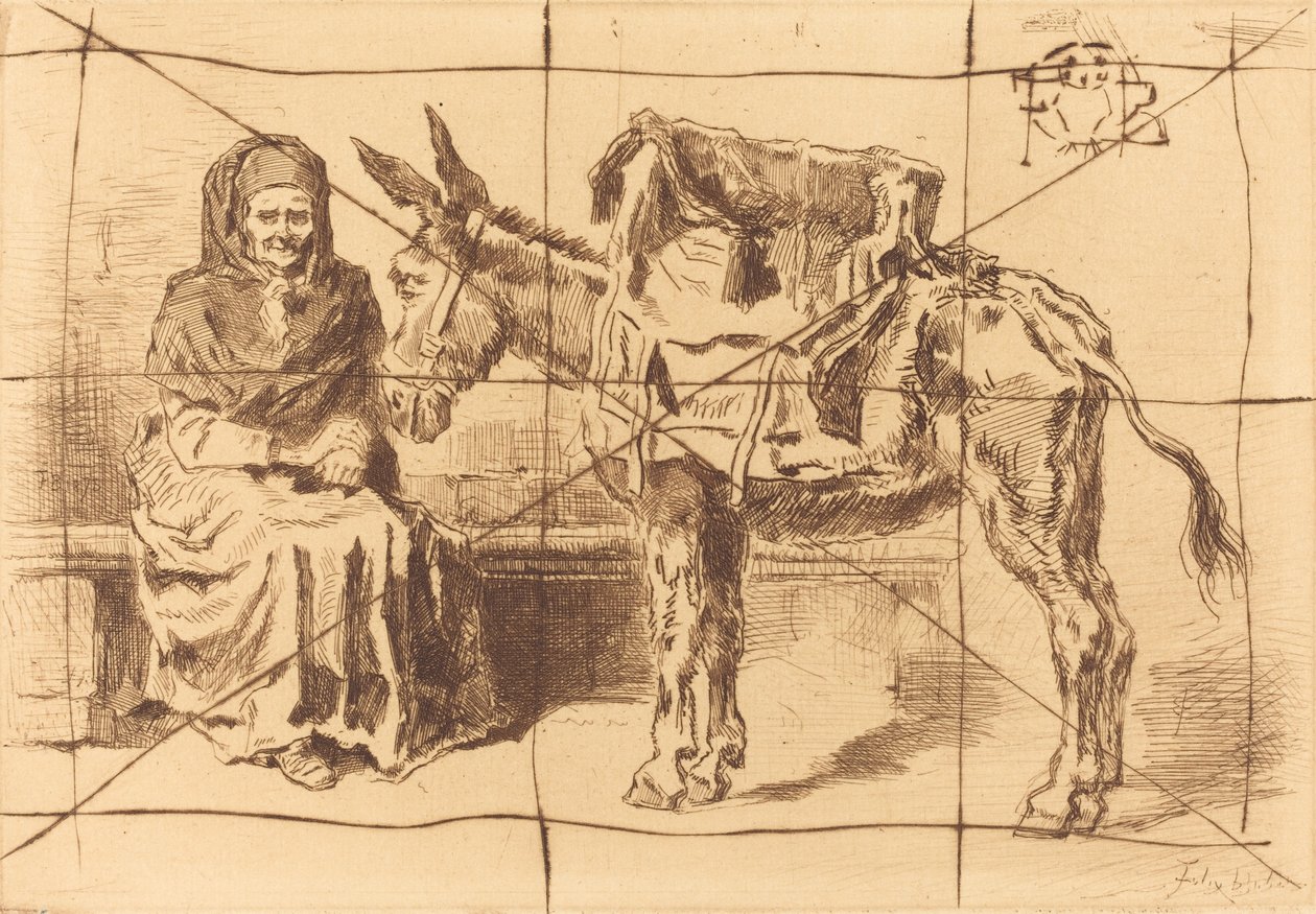 Cacoletièrer Zittende Vrouw en Ezel, 1875 door Felix Hilaire Buhot