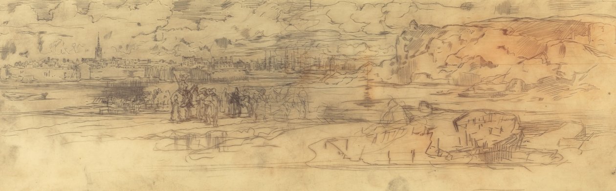Estuarium met een versterkte zeehaven links en kliffen rechts, ca. 1882 door Felix Hilaire Buhot