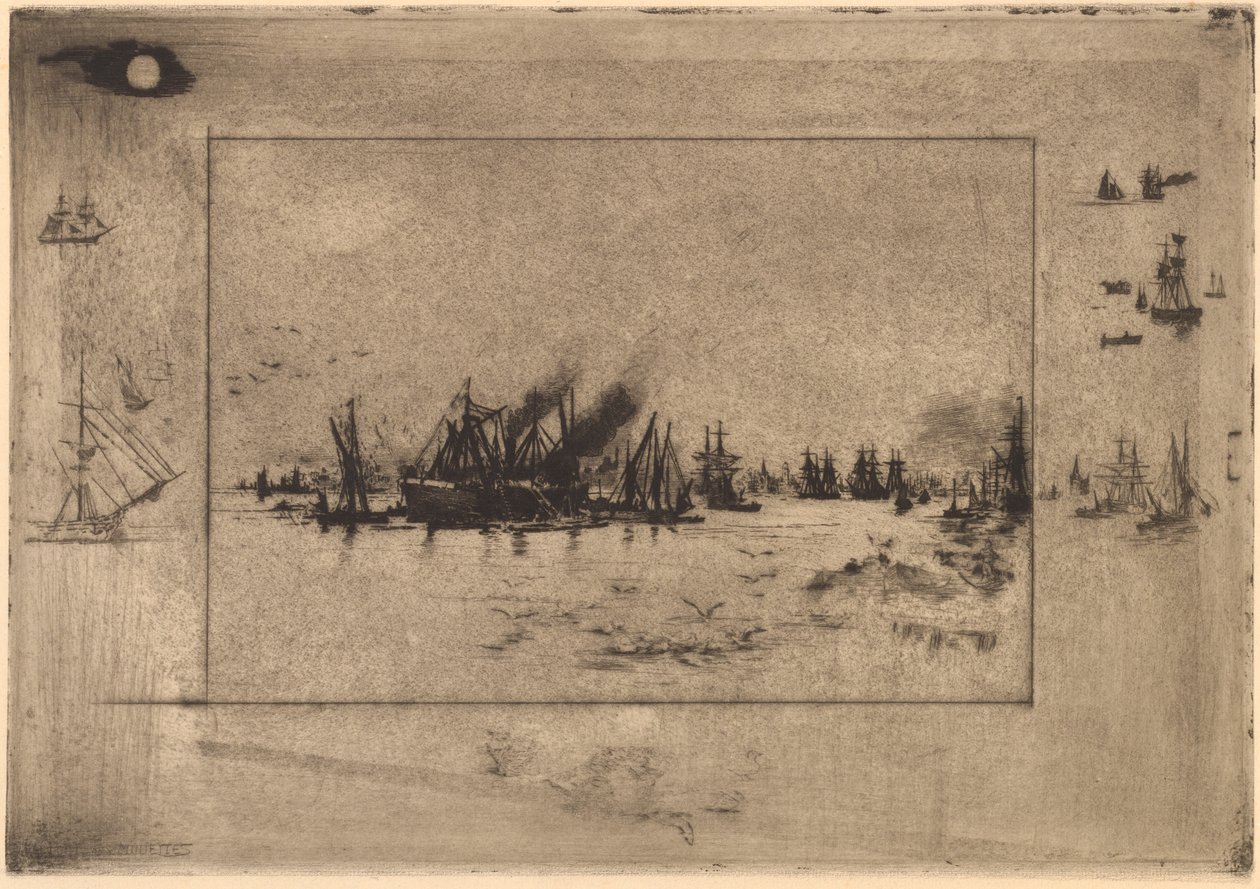 Le Port aux Mouettes Haven met meeuwen, 1886 door Felix Hilaire Buhot