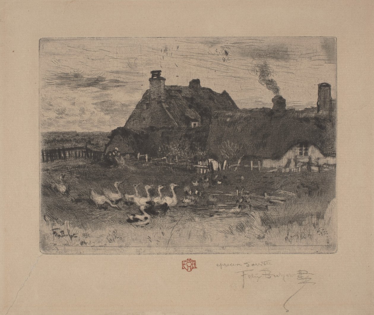 Les Petites Chaumieres door Felix Hilaire Buhot