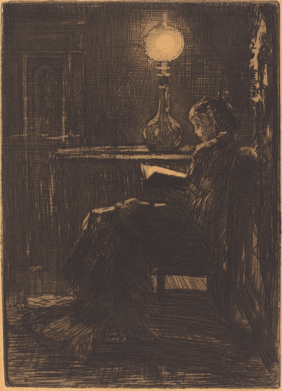 Vrouw die leest bij lamplicht, 1879 door Felix Hilaire Buhot
