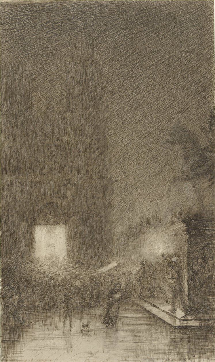 Samenscholing bij avond voor een kathedraal door Felix Hilaire Buhot