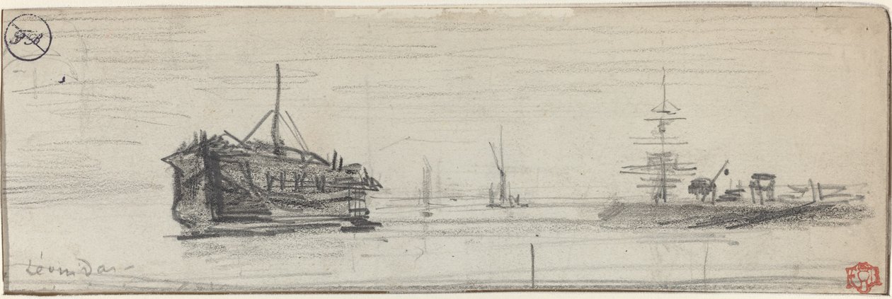 Scheepvaart in de haven van Londen [recto], ca. 1884 door Felix Hilaire Buhot