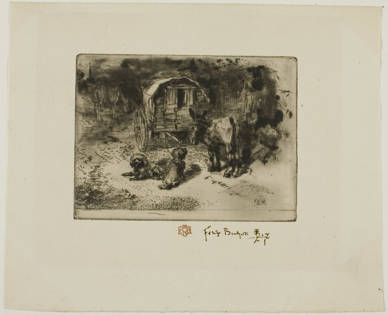 De bewakers van het huis, of de begeleiders van de acrobaat door Felix Hilaire Buhot