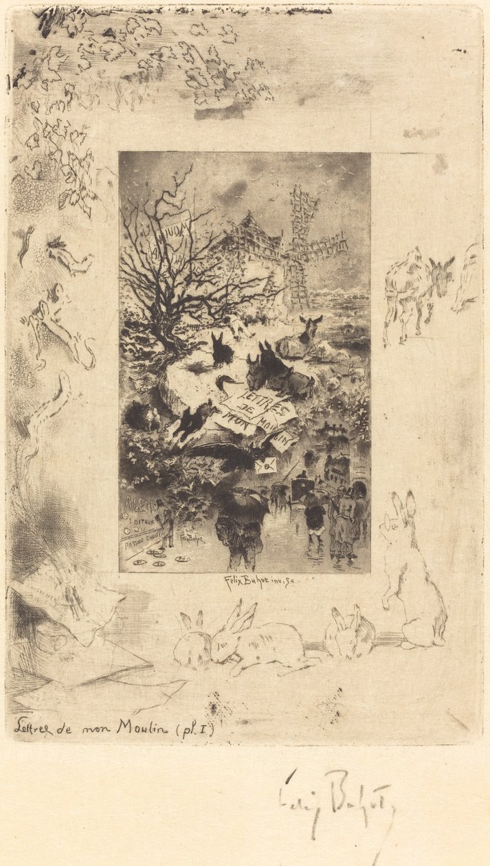Titelpagina voor Lettres de Mon Moulin, ca. 1885 door Felix Hilaire Buhot