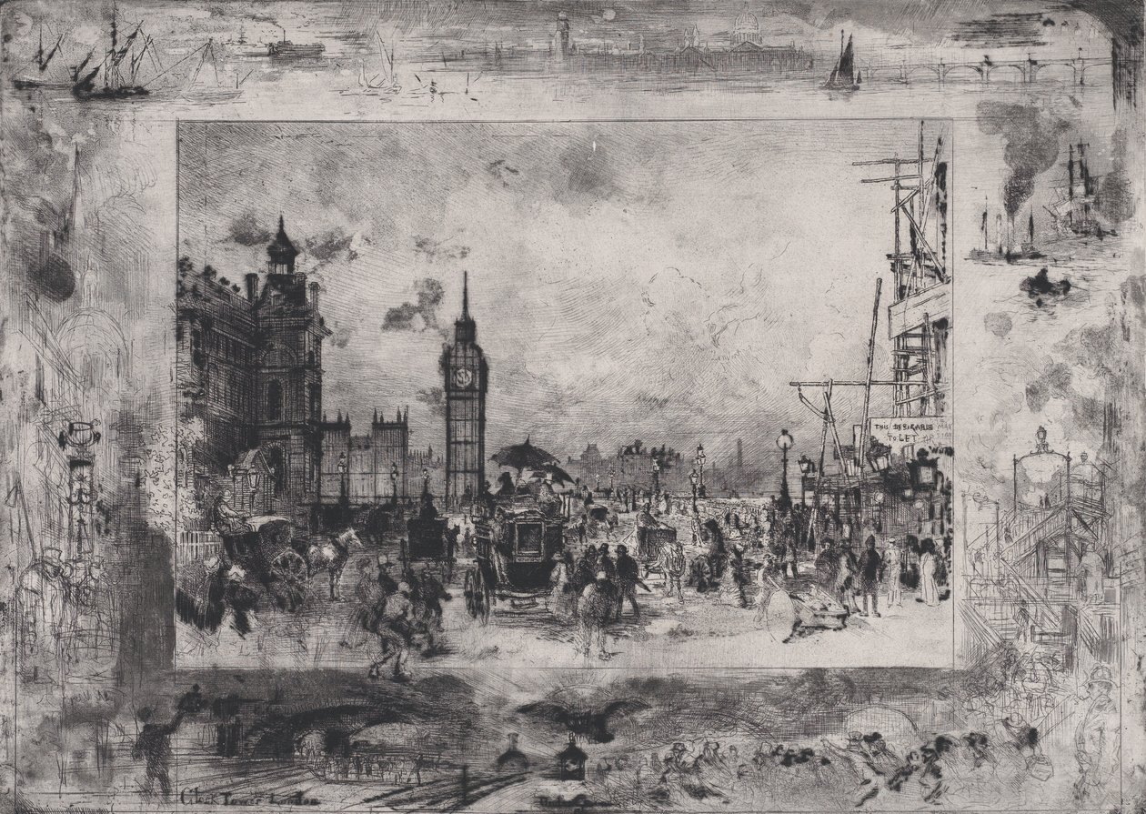Westminster Bridge of Westminster Clock Tower door Felix Hilaire Buhot