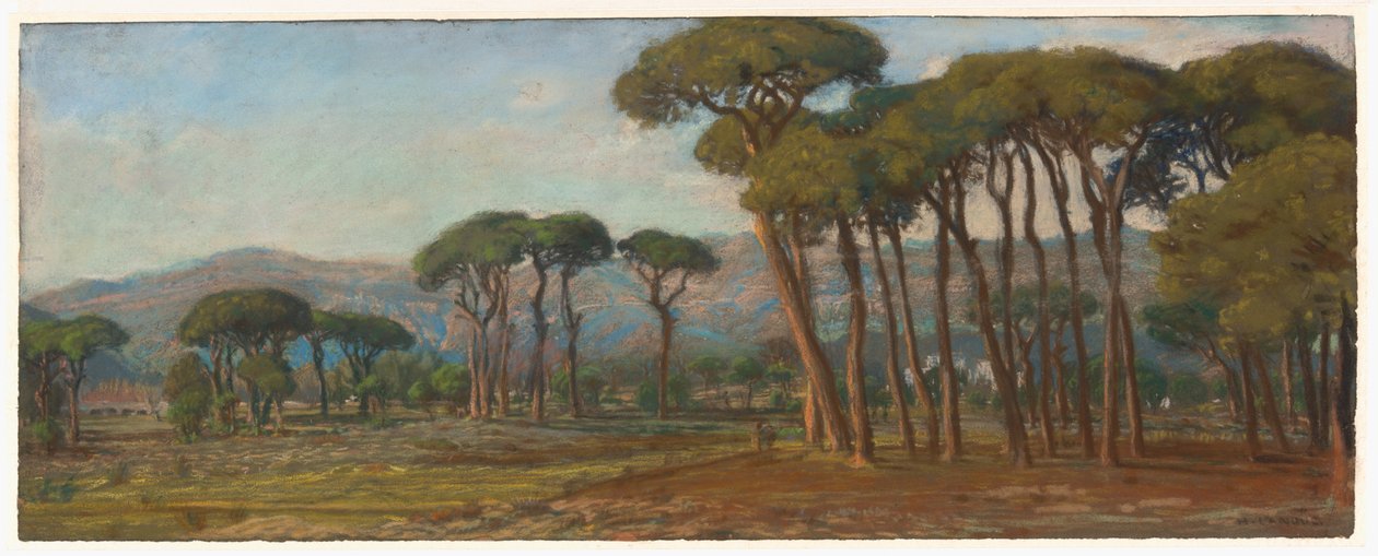 Uitgestrekt landschap met een dorp en heuvels in de verte door Felix Hippolyte Lanoue