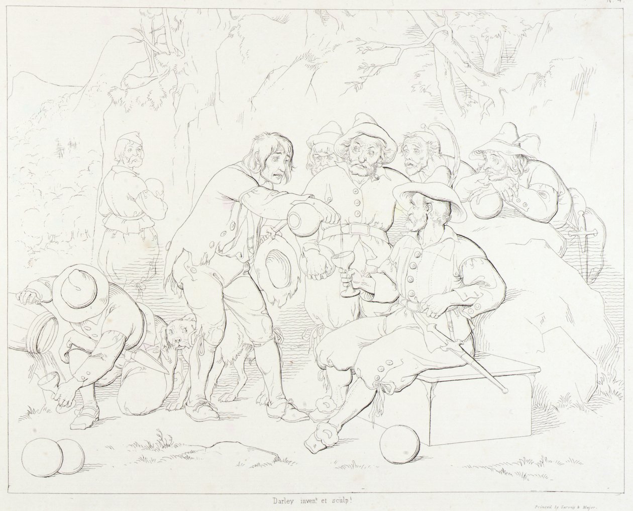 (Rip Van Winkle, illustratie) Rip schenkt drank aan de vreemde mannen in de bergen door Felix Octavius Carr Darley