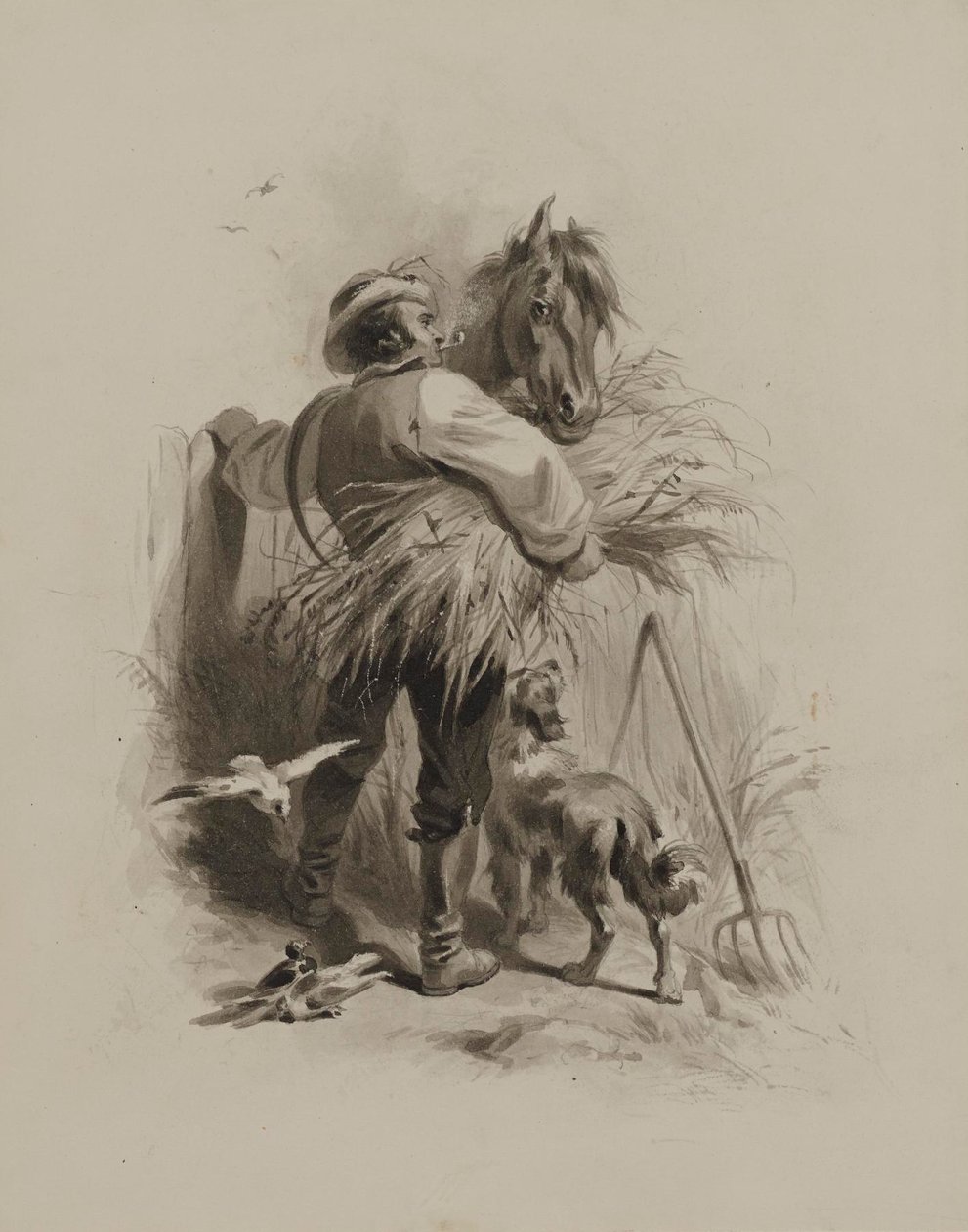 Boer met paard, hond en duiven door Felix Octavius Carr Darley