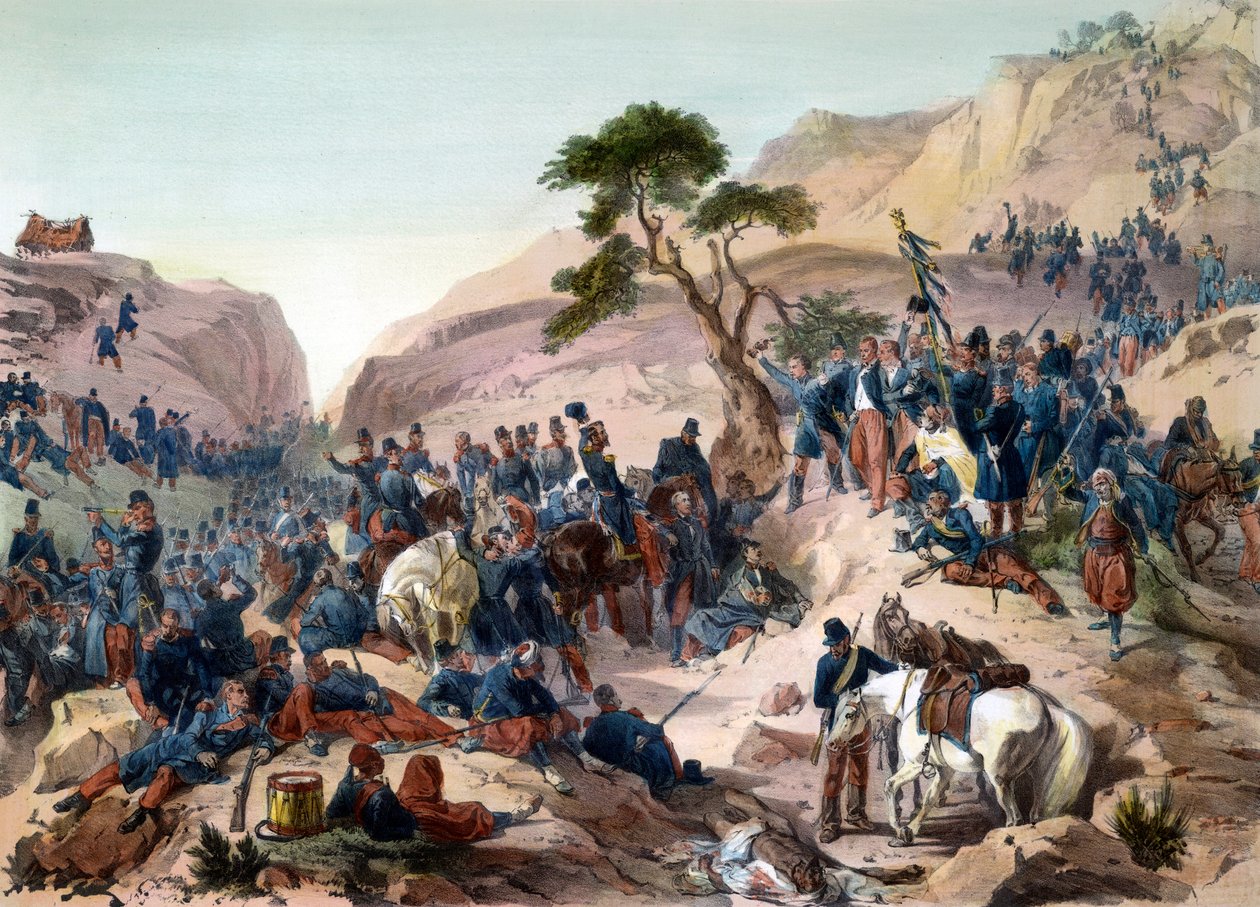 Episode van de verovering van Algerije in 1840 - Slag bij de Mouzaia-pas (1840) - De hertog van Orleans voert het bevel over het Franse leger - gravure door Philippoteaux - Het Franse leger wint de Teniah van Mouzaia slag om de bergpas van Mouzaia op 1 door Felix Philippoteaux
