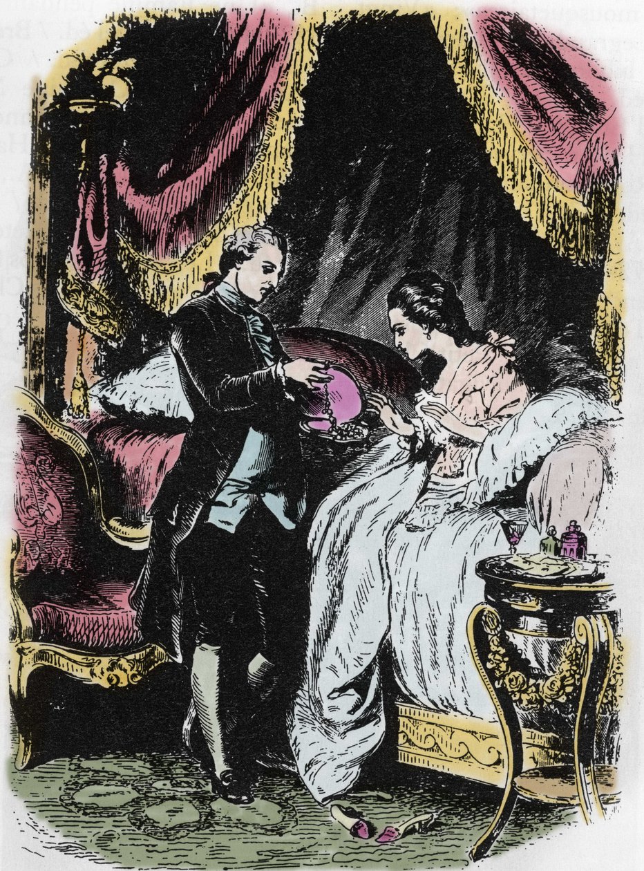 De likeur van de koningin inspireert de kettingzaak. Tekening door Felix Philippoteaux (1815-1884) voor 