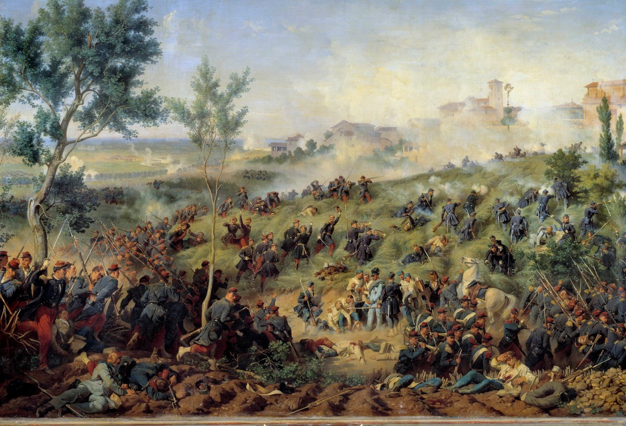Zicht op de Slag bij Montebello di Casteggio, 20 mei 1859 door Felix Philippoteaux