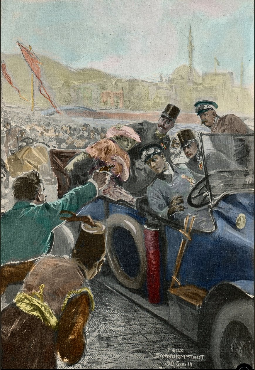 Moord op Franz Ferdinand (1863-1914) aartshertog van Oostenrijk, en zijn vrouw Sophie in Sarajevo (gravure) door Felix Schwormstadt