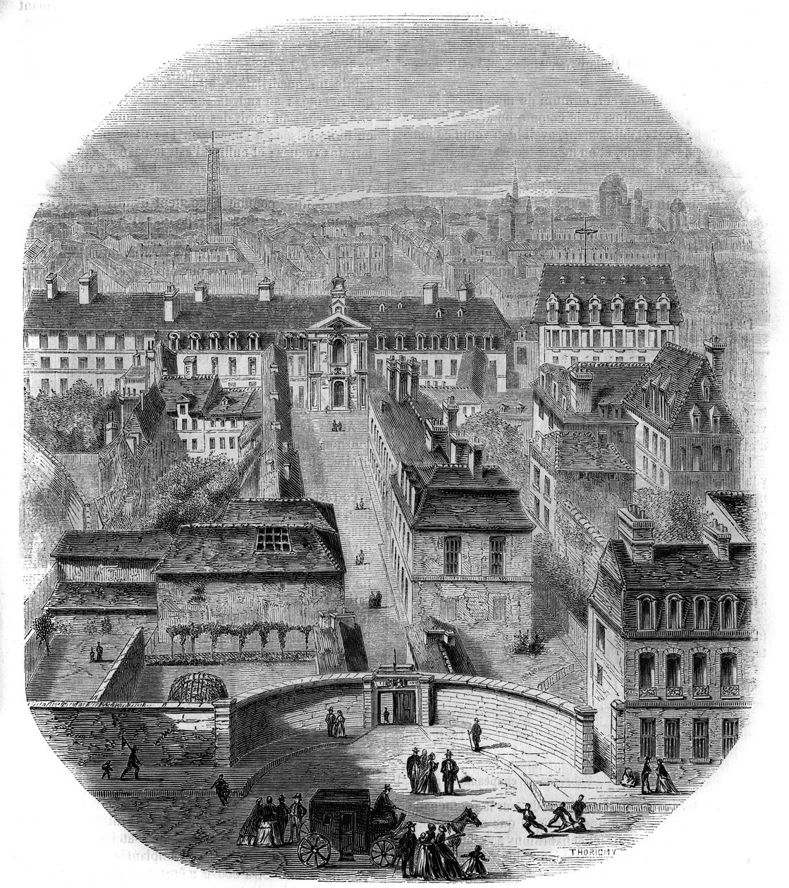 Uitzicht op de Gobelins tapijtfabriek in Parijs, met het kapucijnenklooster, het observatorium en het kasteel van de koningin Blanche. Gravure door Thorigny door Felix Thorigny